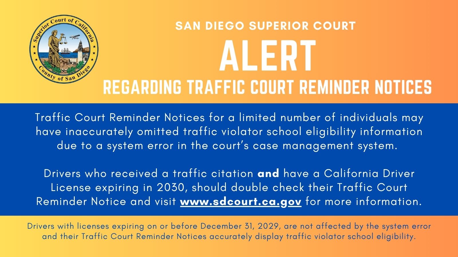 Traffic Court Reminder Notices for Drivers Licenses Expiring in 2030